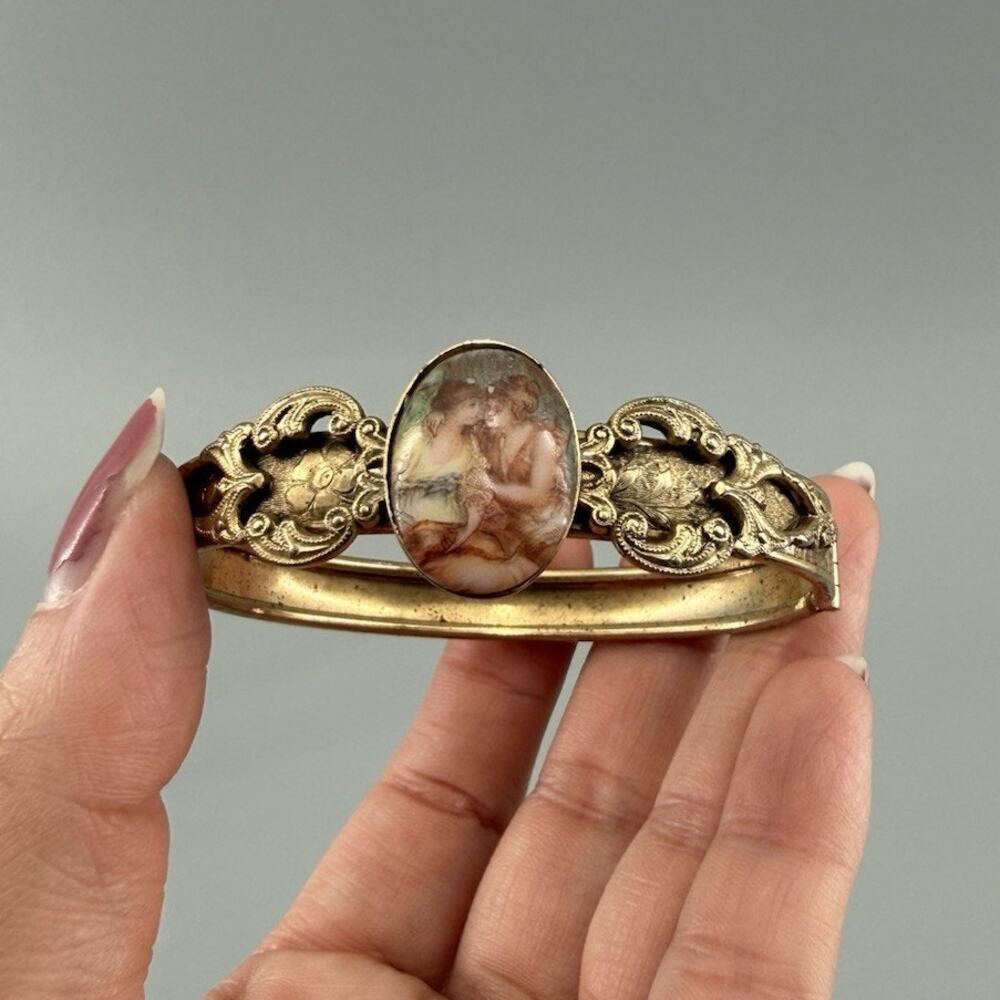 Vintage Victorian Revival Two Ladies Portrait Porcelain Clamper Bracelet